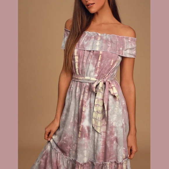 Lulus Dresses & Skirts - Lulus Dazed Purple Multi Tie-Dye Ruffled Off-the-Shoulder Midi Dress M